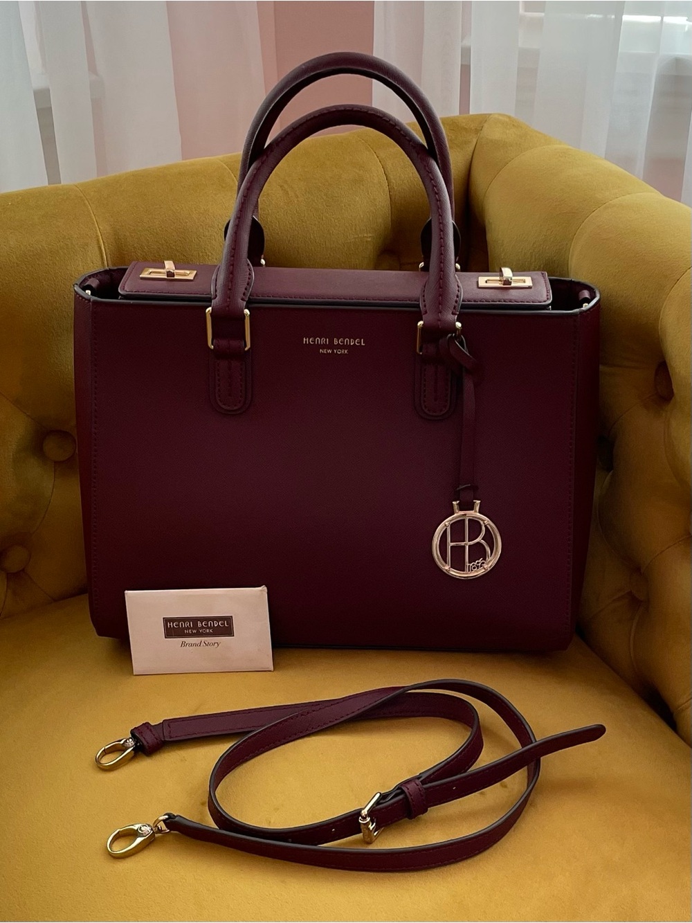 Henri Bendel West 57th Gold Tone Turnlock Satchel Oxblood Saffiano Leather
